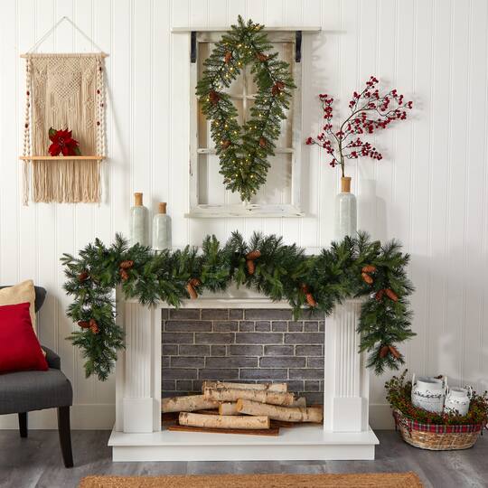 3ft. White LED Lights Holiday Geometric Christmas Diamond Wreath With Pinecones